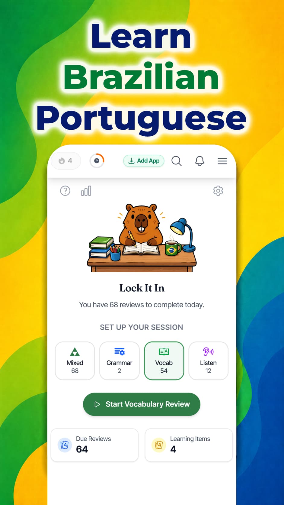 Falando Android app showing a Brazilian Portuguese Quick Practice session