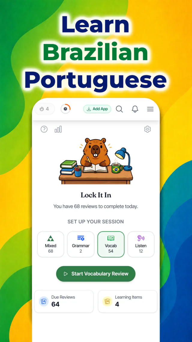 Falando Android app showing a Brazilian Portuguese Quick Practice session