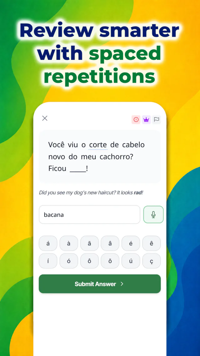 Falando Android app showing a spaced-repetition review exercise