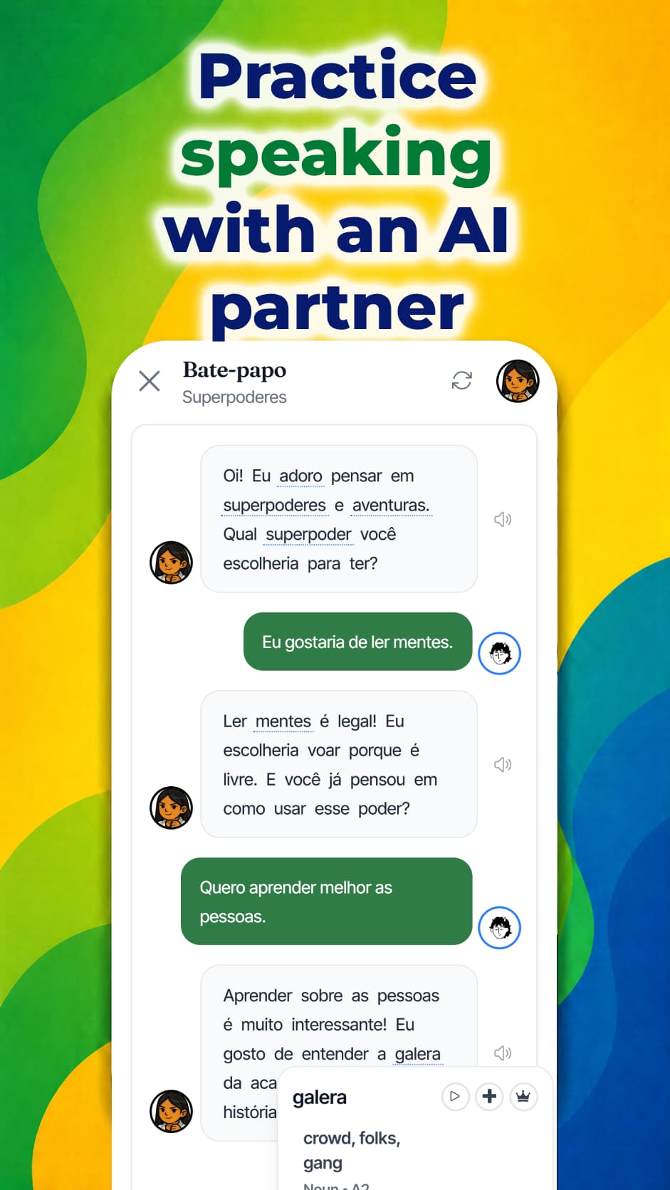 Falando Android app showing AI conversation practice in Brazilian Portuguese