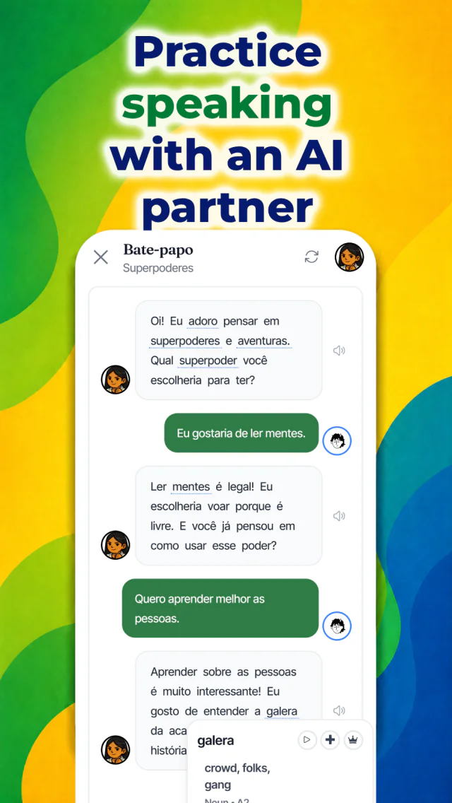 Falando Android app showing AI conversation practice in Brazilian Portuguese
