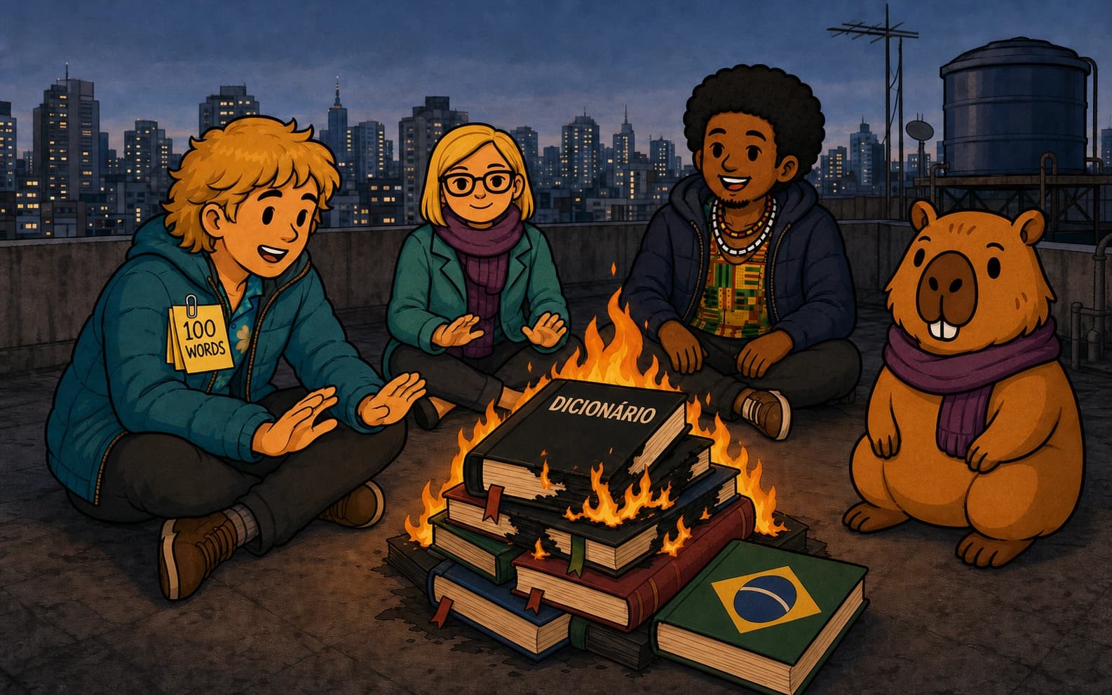 Brandon, Ana, Rafa and Capi the capybara warm their hands over a bonfire of dictionaries on a São Paulo rooftop, a 100 WORDS sticky note on Brandon's jacket — the 100 most common words in Brazilian Portuguese