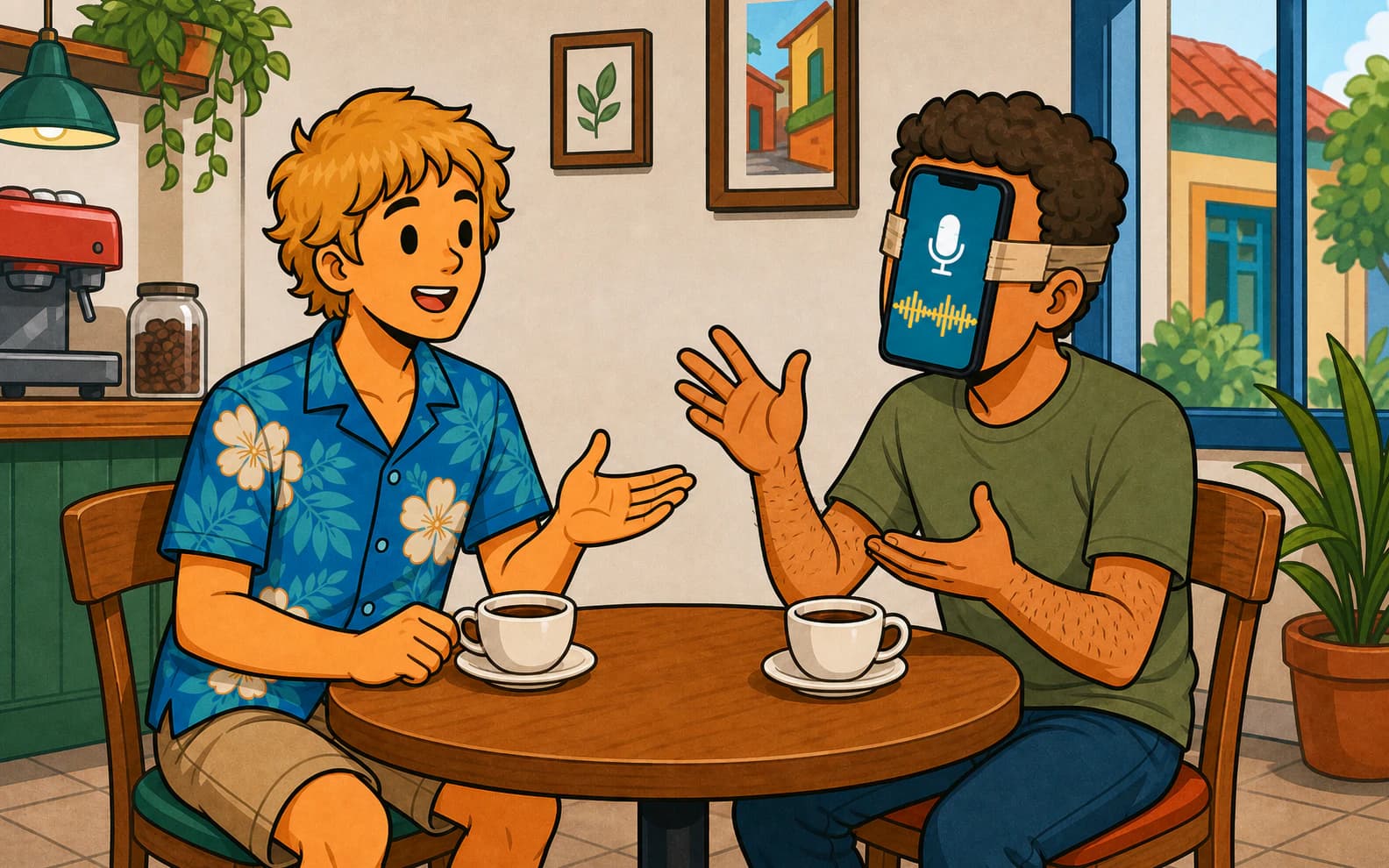 Brandon s'entraîne à parler portugais brésilien autour d'un café avec un partenaire dont le visage est recouvert d'un téléphone affichant une appli d'expression orale
