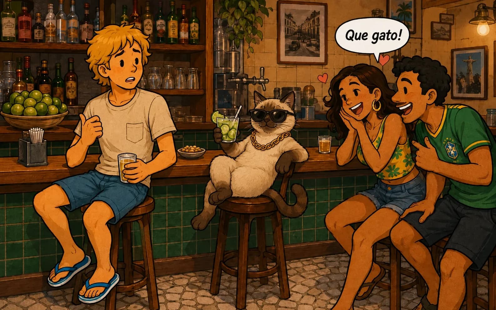 Zdezorientowany gringo w barze w São Paulo, gdy dwoje Brazylijczyków wzdycha „Que gato!” na widok kota w okularach przeciwsłonecznych na barowym stołku — gra słów z portugalskiego (gato = kot = ciacho)