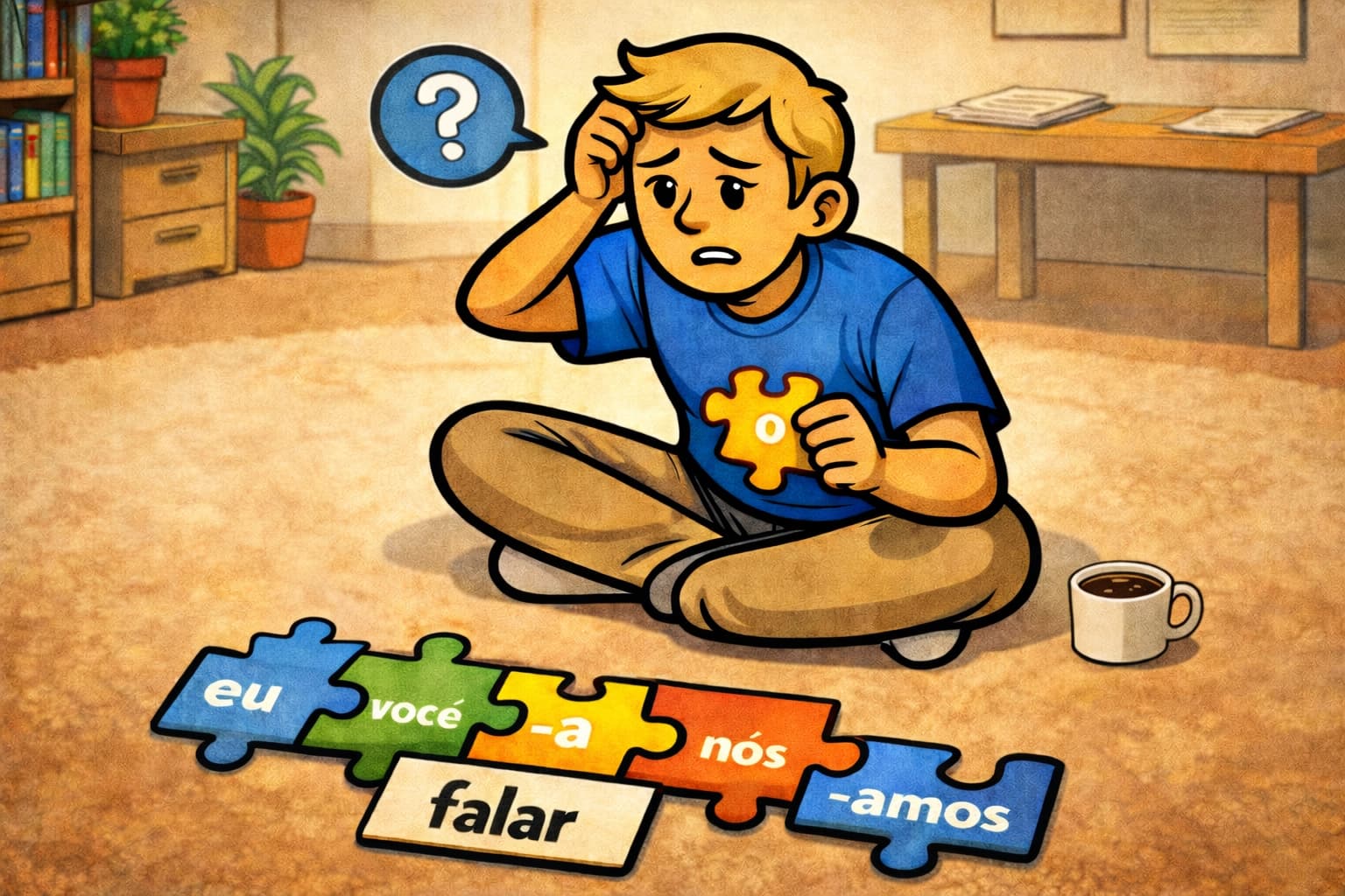 Notebook full of Brazilian Portuguese verb conjugations next to a cafezinho on a São Paulo boteco table