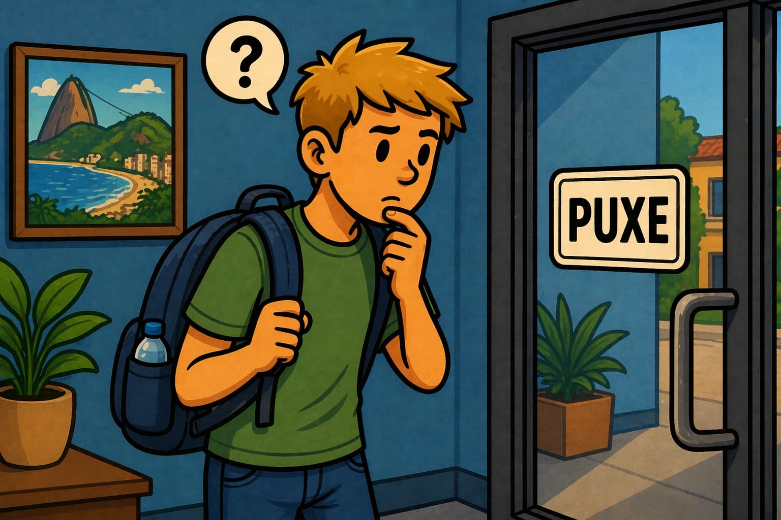 Étranger confus devant un panneau à São Paulo — illustrant les faux amis du portugais brésilien pour francophones