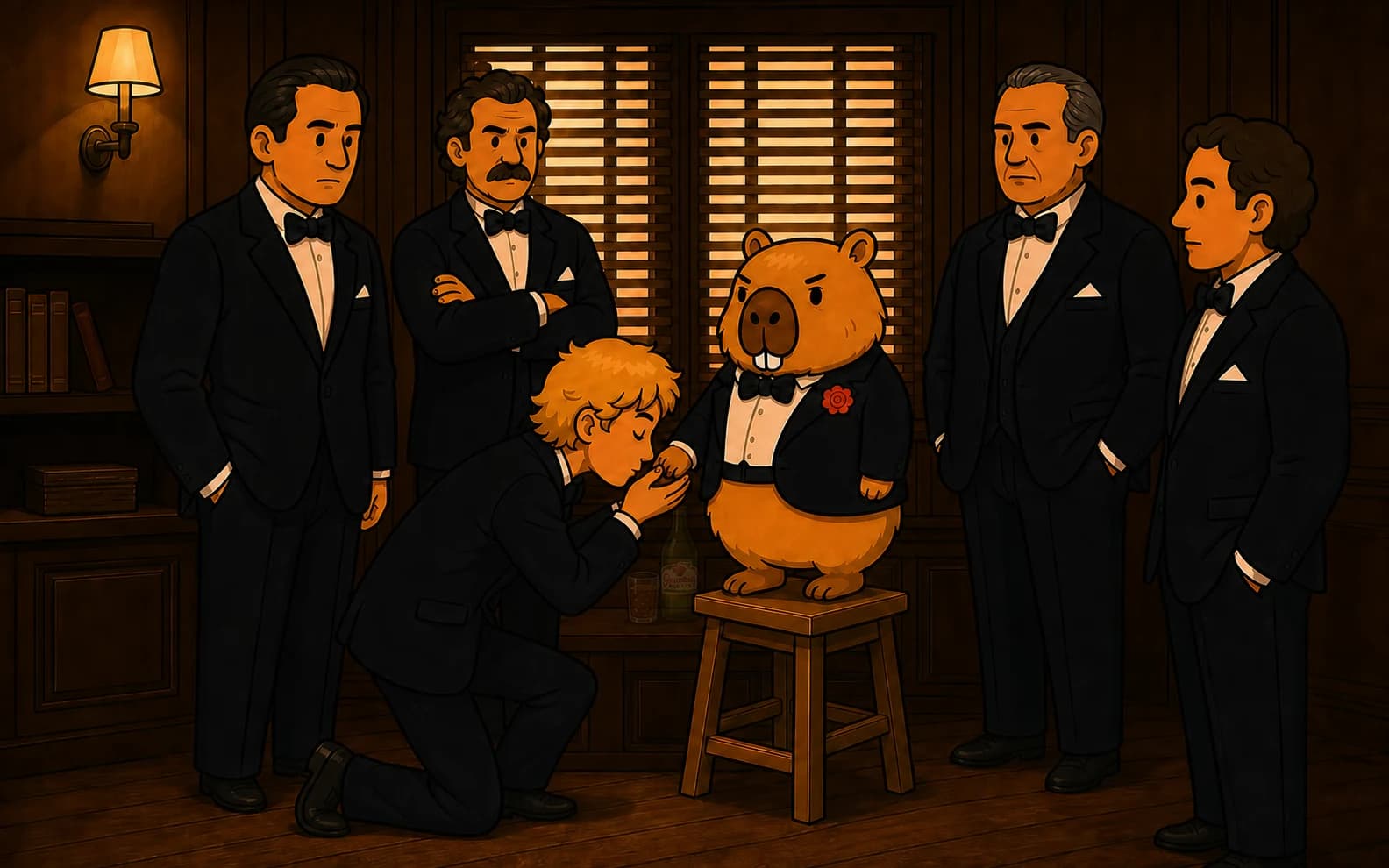 Un capybara de dessin animé en smoking noir, l'air sévère, monté sur un tabouret pour paraître plus grand pendant qu'un homme agenouillé lui baise la patte, entouré de silhouettes en costume de mafieux, parodiant une scène du Parrain