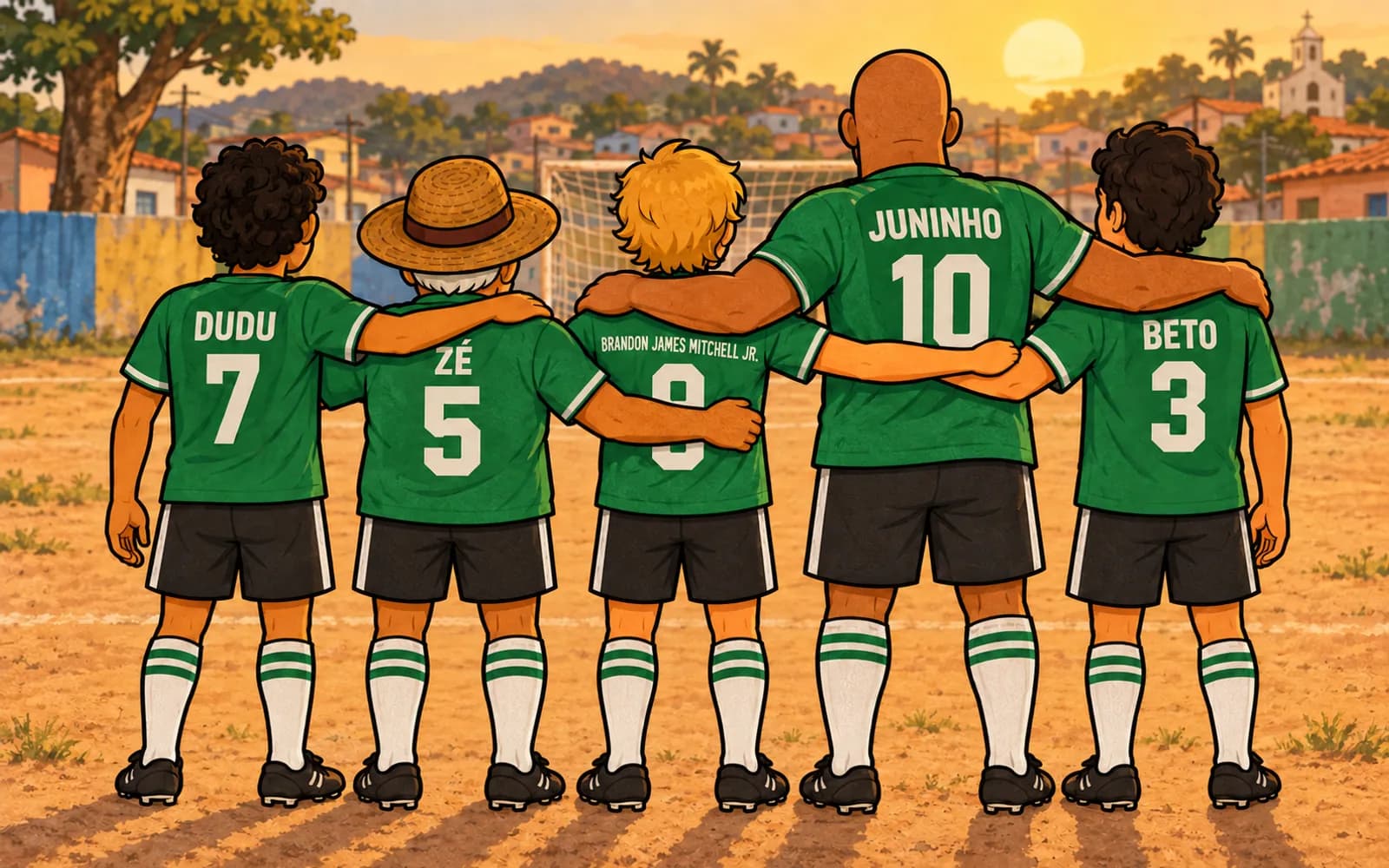 An amateur football team seen from behind, arm in arm, with DUDU, ZÉ, JUNINHO and BETO on their shirts and Brandon's full name squeezed across his in tiny letters