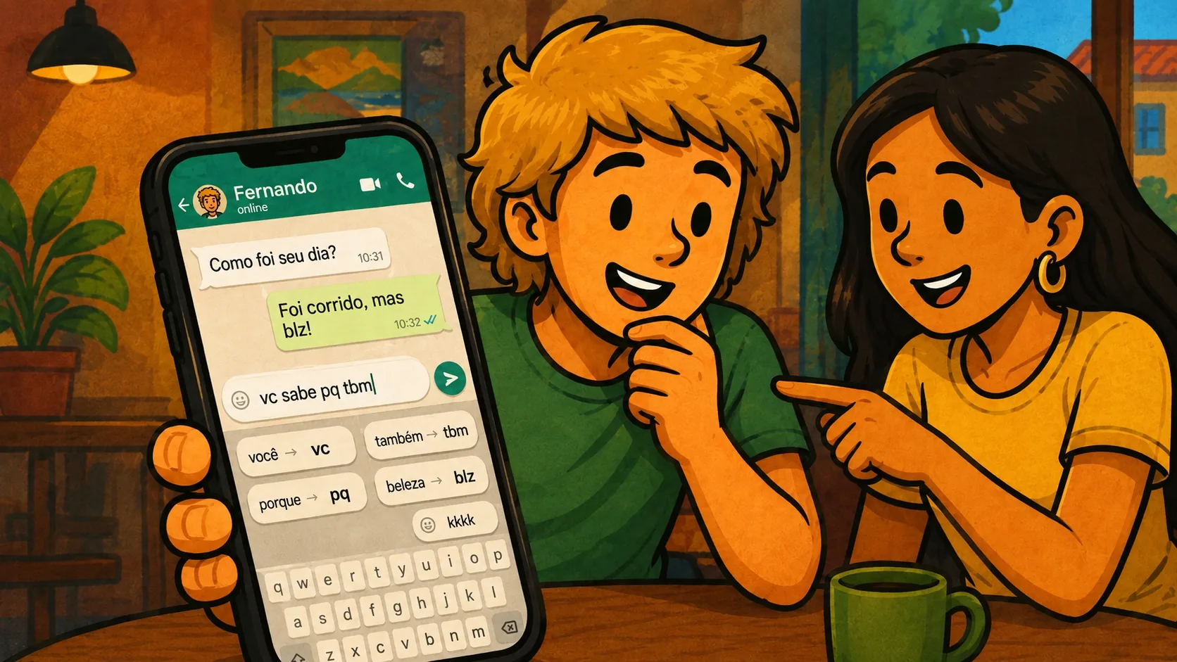 Человек пишет на бразильском португальском в WhatsApp в кафе Рио-де-Жанейро, рядом стоит кайпиринья
