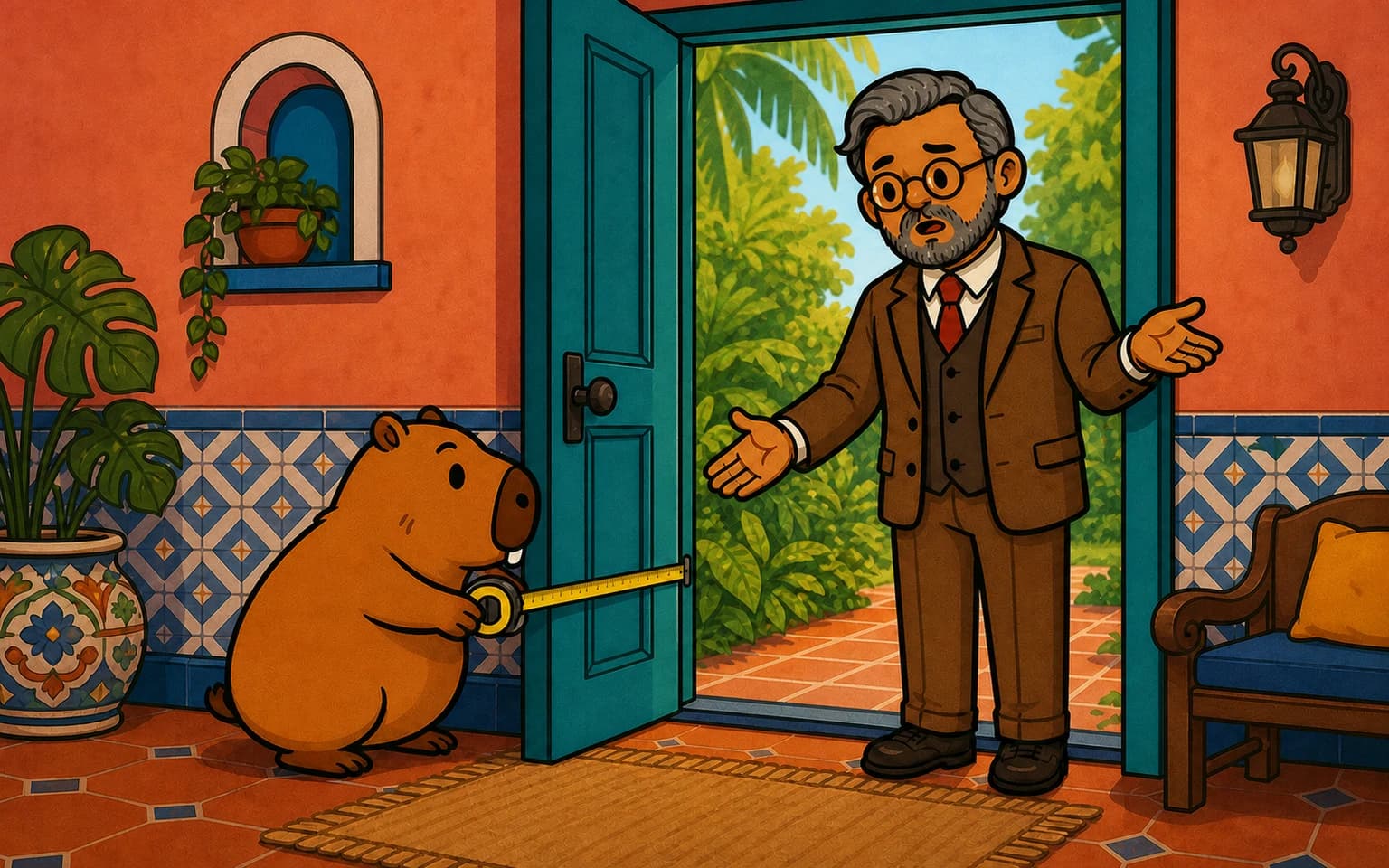 Capi mide con una cinta el brazo extendido del profesor Henrique en vez de devolverle el saludo