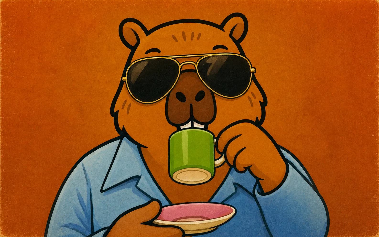 A cartoon capybara in gold aviator sunglasses and a blue shirt drinks from a green mug while holding a pink saucer, against a burnt-orange background, parodying the cover of Cartola's 1974 self-titled album