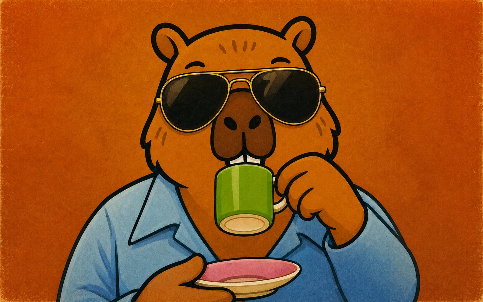 A cartoon capybara in gold aviator sunglasses and a blue shirt drinks from a green mug while holding a pink saucer, against a burnt-orange background, parodying the cover of Cartola's 1974 self-titled album