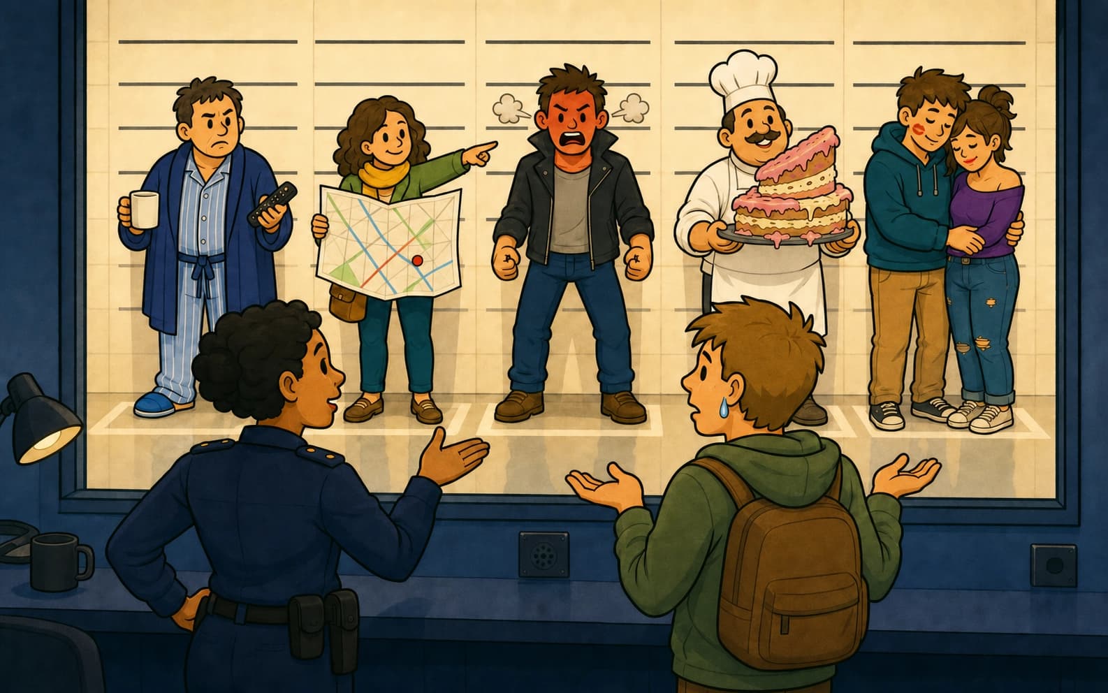 A police officer asking a bewildered witness to identify a suspect from a lineup of five people who each act out a different meaning of the same word