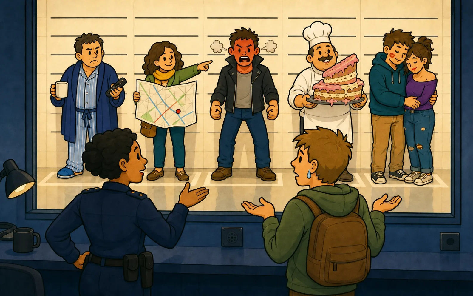 A police officer asking a bewildered witness to identify a suspect from a lineup of five people who each act out a different meaning of the same word