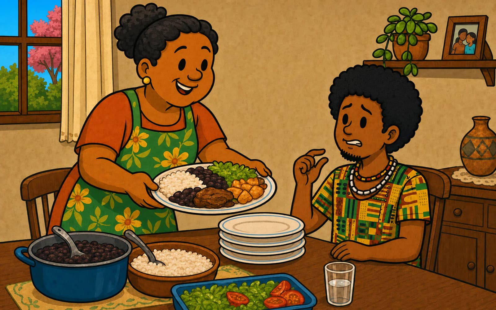 Una abuela brasileña sirve otro plato mientras un invitado intenta rechazarlo cortésmente con só um pouquinho