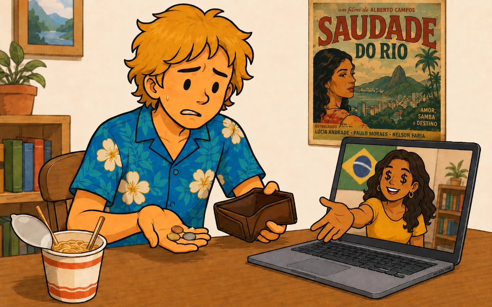 Kostenlose Lernressourcen für brasilianisches Portugiesisch auf einem Laptop-Bildschirm neben einem Notizbuch und Kaffee