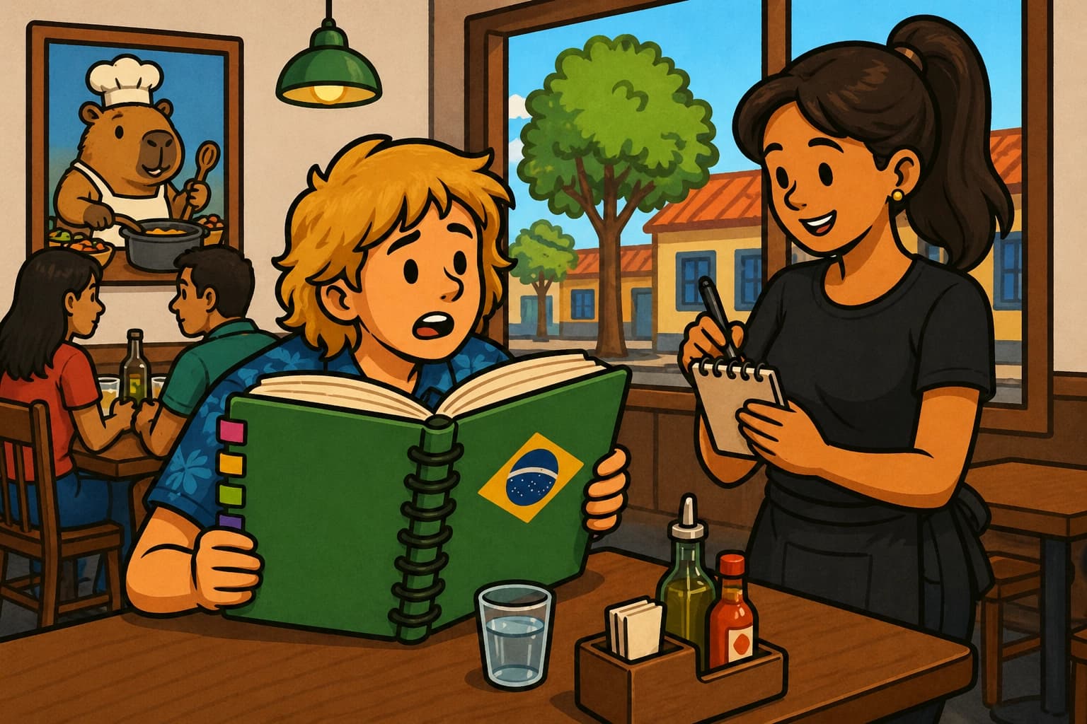 Friends ordering at a buzzing São Paulo boteco — practicing ordering food in Brazilian Portuguese