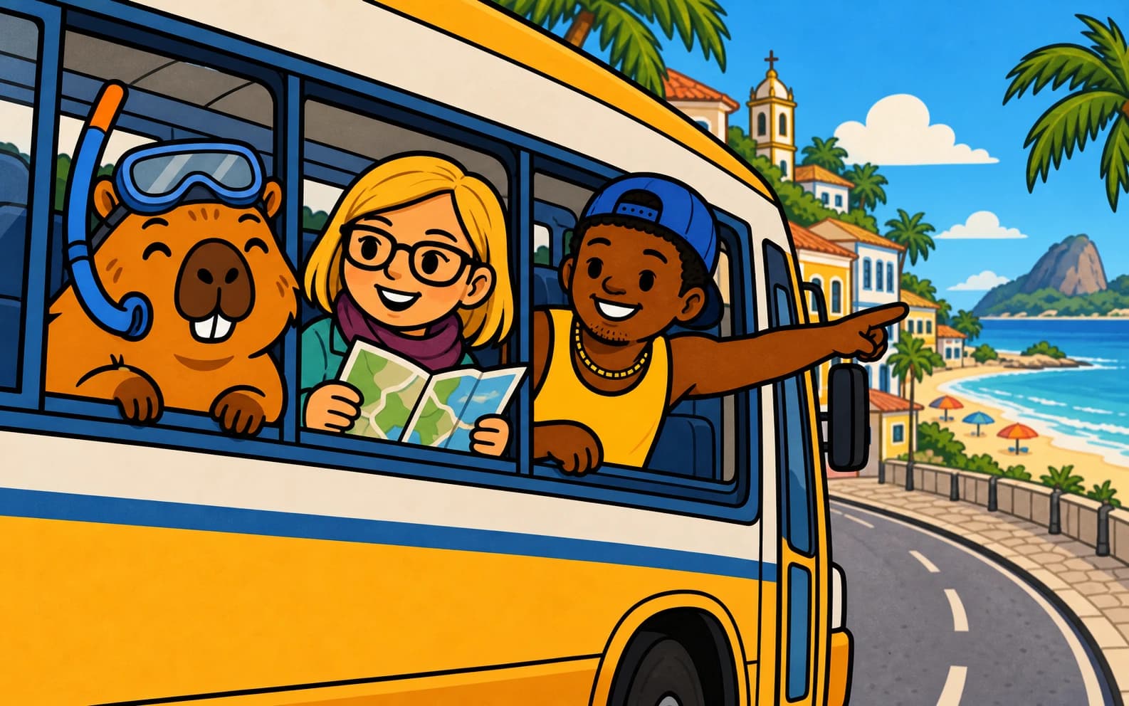 Capi lleva un esnórquel, Ana lee un mapa y Lucas señala la playa desde un autobús que atraviesa una ciudad brasileña