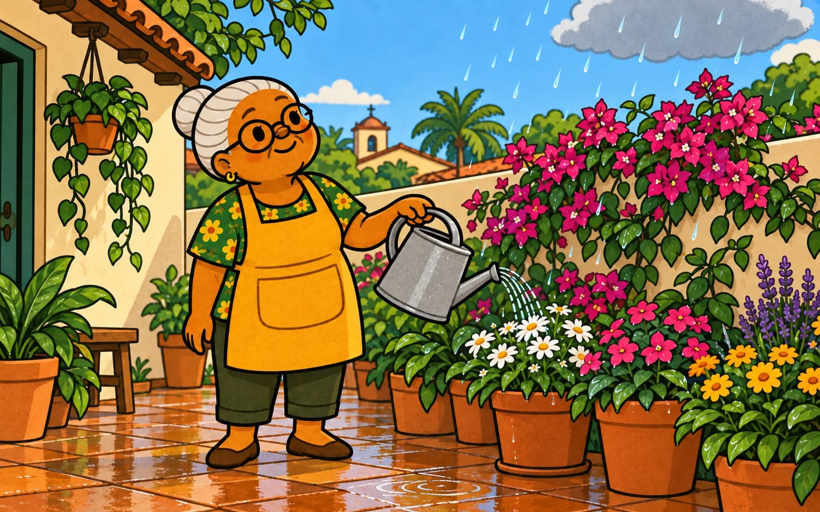 Dona Beatriz mira hacia una lluvia primaveral mientras riega flores en un patio brasileño soleado.