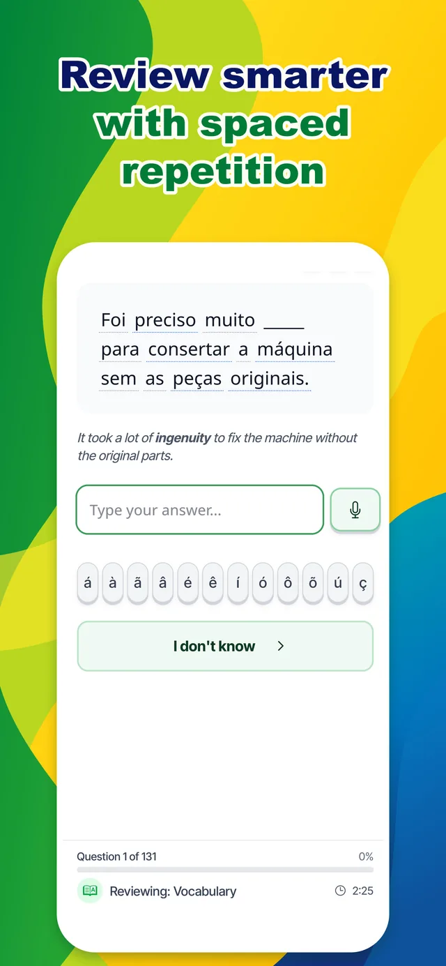 Falando iPhone app showing a spaced-repetition review exercise