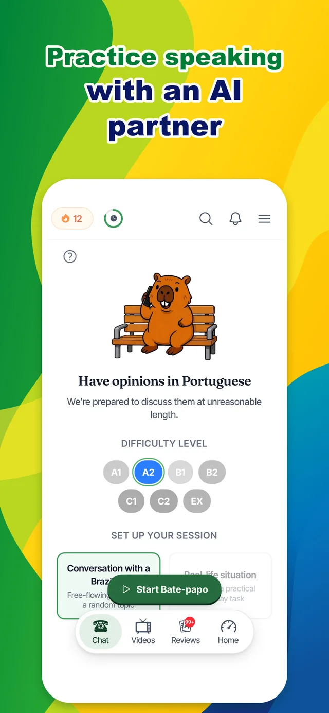 Falando iPhone app showing AI conversation practice in Brazilian Portuguese