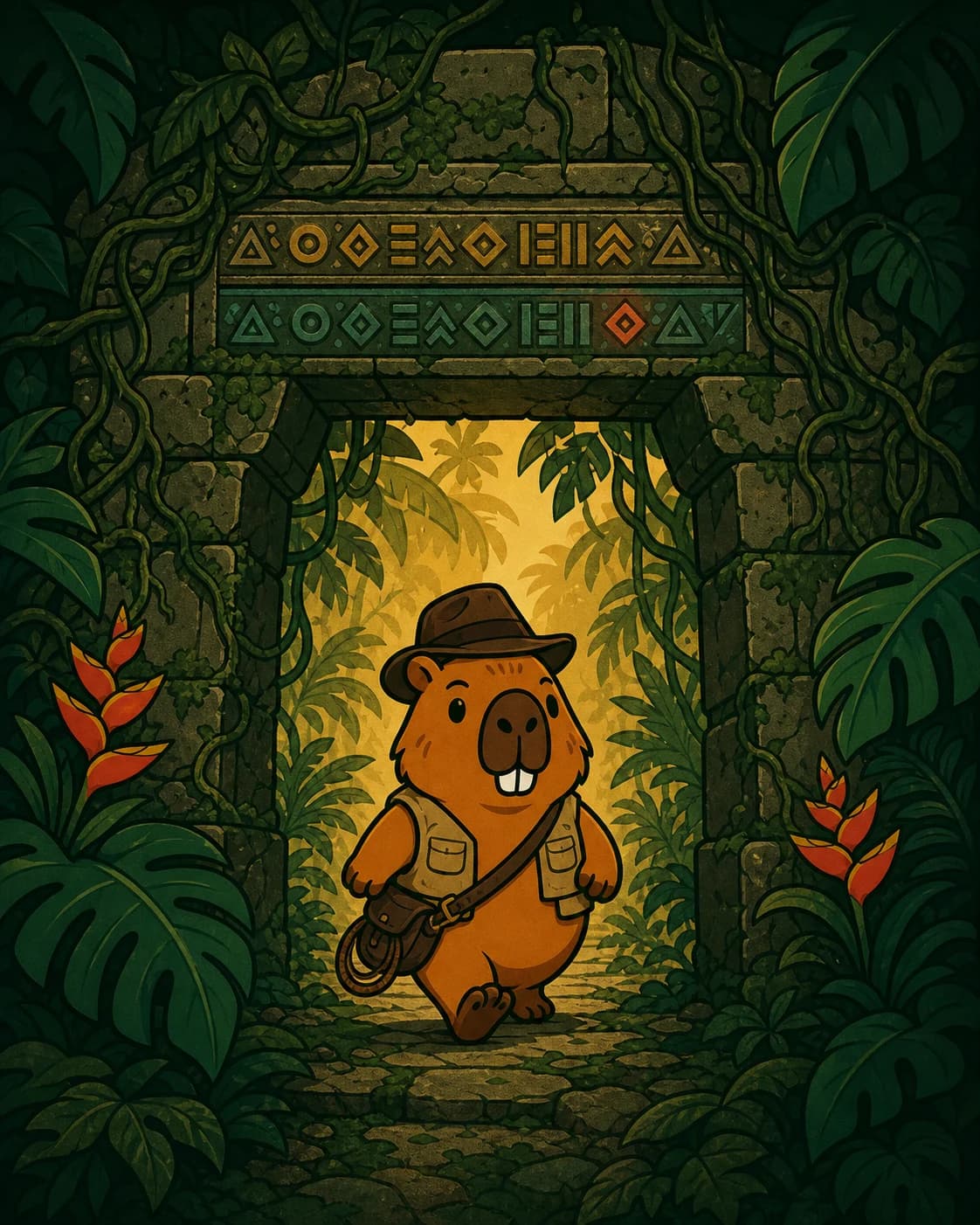 Capi, dressed as an explorer, walks through a vine-covered stone arch carved with rows of symbols.