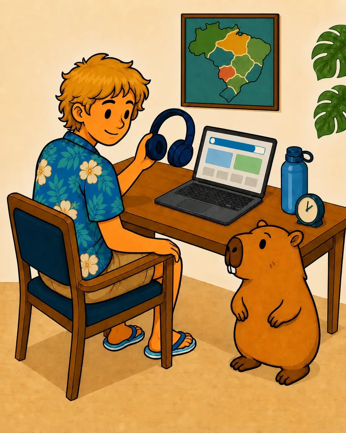 A learner holds his headphones beside an open laptop while Capi stands at the desk.