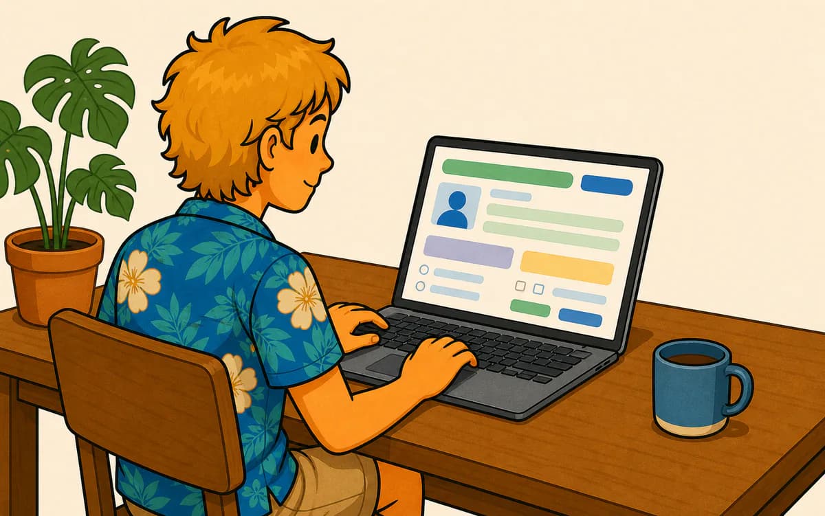 A learner fills in a profile form on his laptop, a mug beside him.