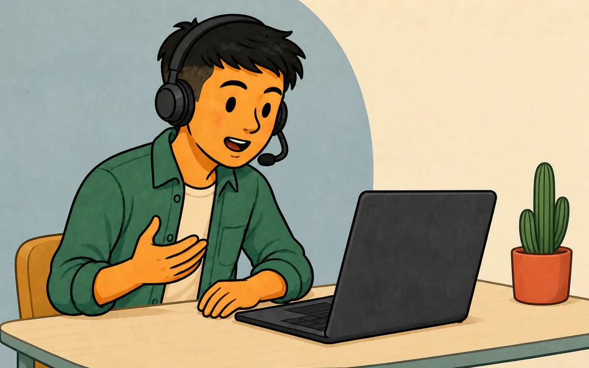 A man in a headset speaks and gestures towards his laptop during the oral interview.