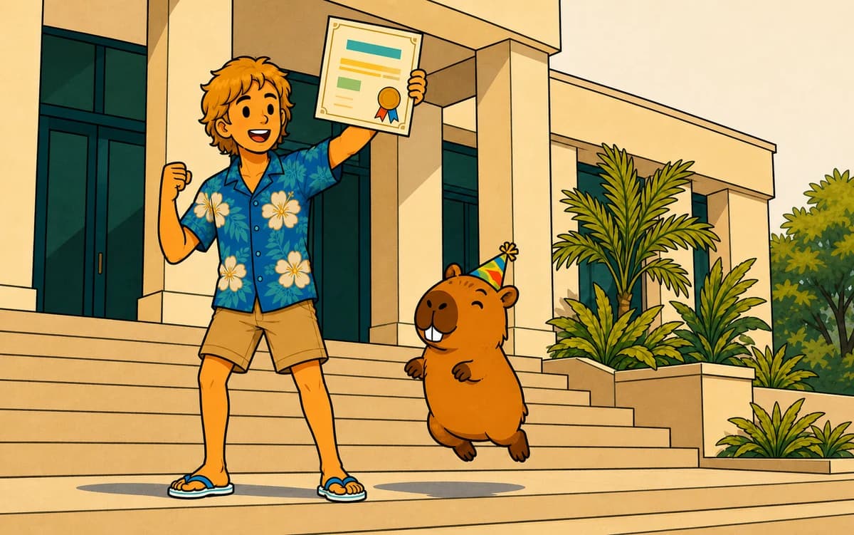 A learner raises a certificate on the steps of a public building while Capi jumps beside him in a party hat.