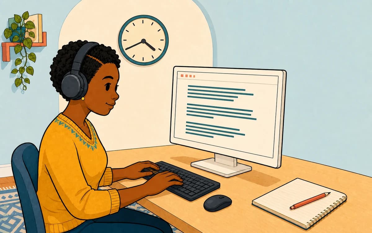 A woman wearing headphones types her written response at a desktop computer, a wall clock behind her.